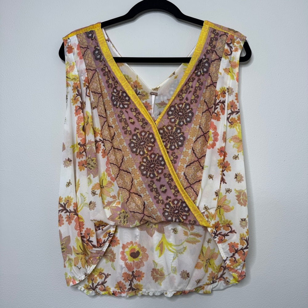 Free People Floral V-Neck Blouse - Cream and Yellow NWT Size S